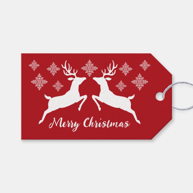 Weiße Hirschformen auf Rot mit Schneeflocken und T Geschenkanhänger (Vorderseite (Horizontal))