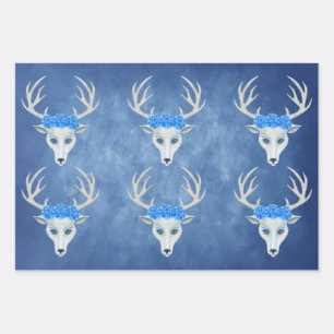Weiße Hirschköpfe Antler Hübsche Rose Misty Blues Geschenkpapier Set