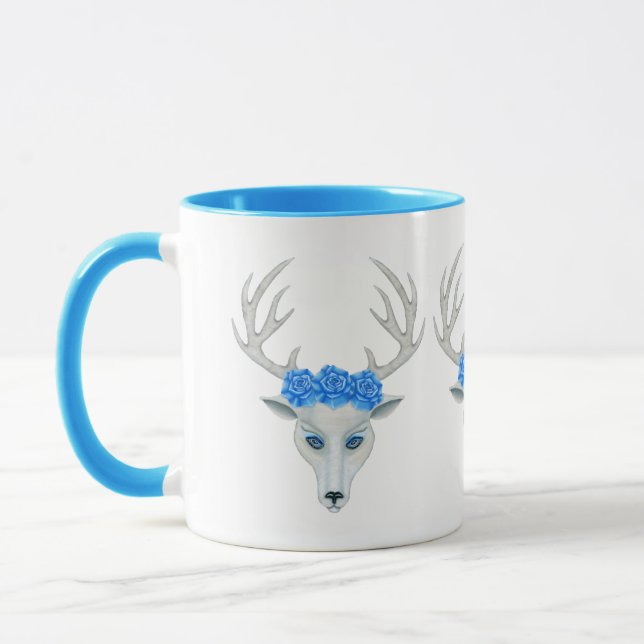 Weiße Hirschköpfe Lebende blaue Augen Antler Rose Tasse (Links)