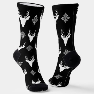 Weiße Hirschköpfe & Schneeflocken auf schwarzem Mu Socken