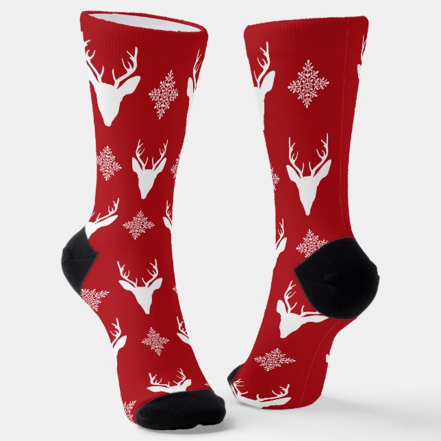 Weiße Hirschköpfe & Schneeflocken Weihnachtsmuster Socken (Gewinkelt)