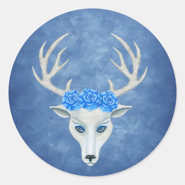 Weiße Hirschkopfgesicht Blaue Augen Rose Antler Runder Aufkleber (Vorderseite)