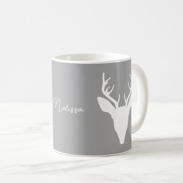 Weiße HirschkopfSilhouette auf Grau und Individuel Kaffeetasse (VorderseiteRechts)