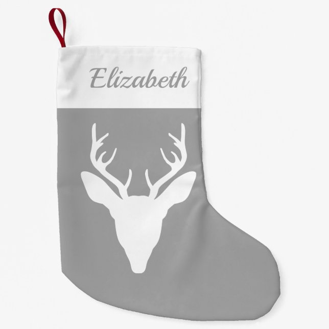 Weiße HirschkopfSilhouette auf Grau und Individuel Kleiner Weihnachtsstrumpf (Vorderseite)