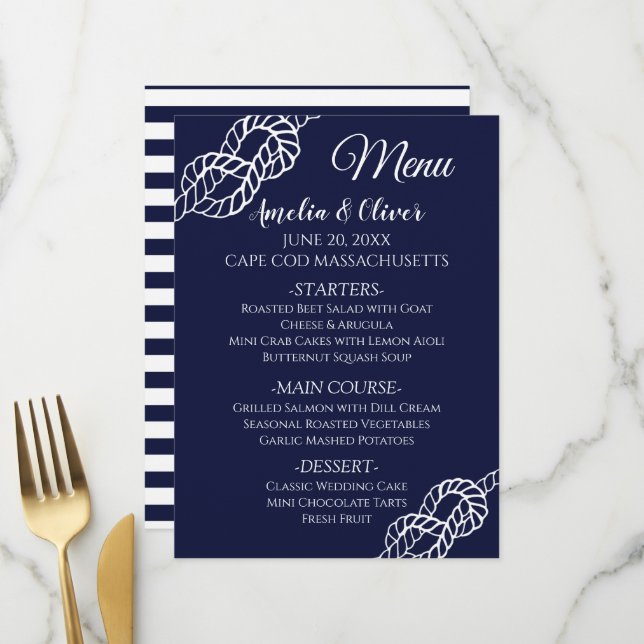 Weiße Hochzeit der Knot Nautical Rope Menükarte (Vorderseite/Rückseite Beispiel)