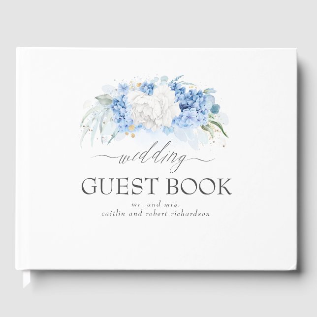 Weiße Hochzeit mit blauer Blüte Gästebuch (Vorderseite)