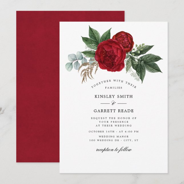 Weiße Hochzeit mit roten Wasserfarben Einladung (Vorne/Hinten)
