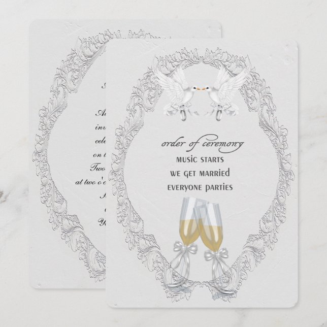 Weiße Hochzeitsdoven und Champagnertoast Einladung (Vorne/Hinten)