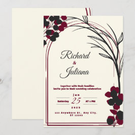 weiße Hochzeitseinladung mit bordeauxfarbenen Blum Einladung