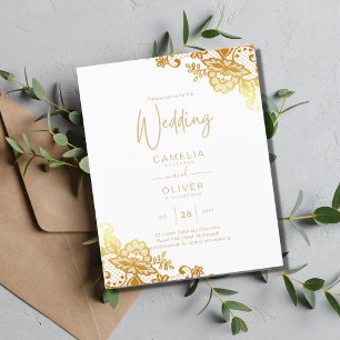 Weiße Hochzeitseinladung mit goldener Stickerei Kl Flyer