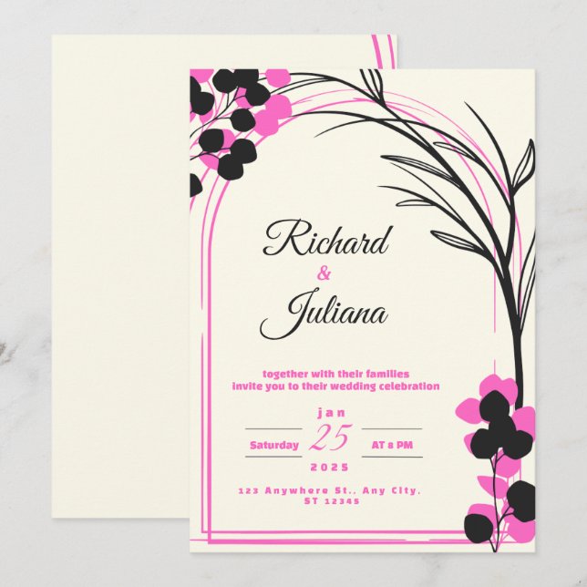 weiße Hochzeitseinladung mit rosa Blume Einladung (Vorne/Hinten)