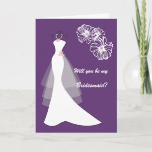 Weiße Hochzeitskleid auf lila Brautjungfer Anfrage Einladung