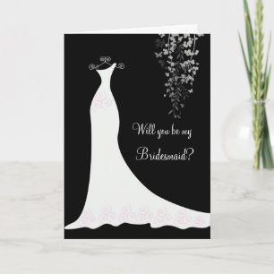 Weiße Hochzeitskleid auf schwarzer Brautjungfer An Einladung