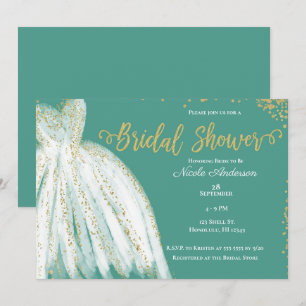 Weiße Hochzeitskleid & Gold Glitter Türkis Brautpa Einladung