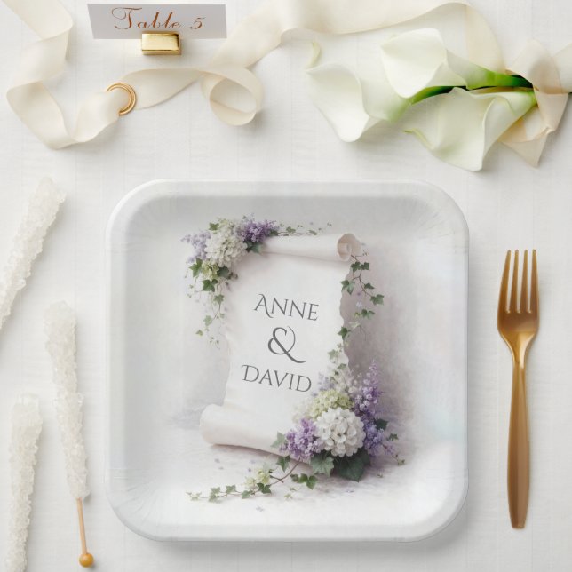Weiße Hochzeitsrolle mit Blumenrand  Pappteller (Hochzeit)
