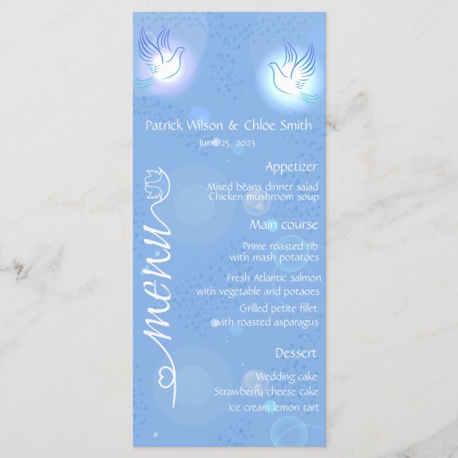 Weiße Hochzeitstaube mit Lichtmenü Menükarte (Vorderseite)