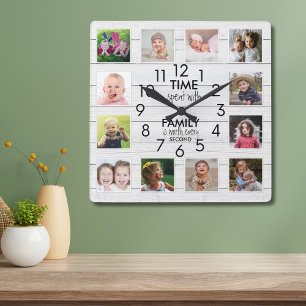 Weiße Holz 12 Foto-Collage Familienzeit Zitat Quadratische Wanduhr
