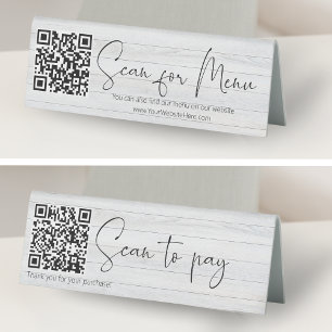 Weiße Holz QR-Code-Scan zum Bezahlen + Scannen für Tischaufsteller