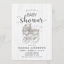 Weiße Holz- und Kutschen-Girl-Baby-Shower-Einladun