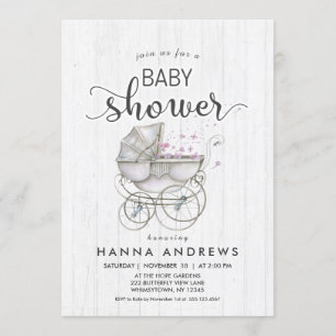Weiße Holz- und Kutschen-Girl-Baby-Shower-Einladun Einladung