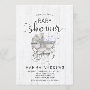 Weiße Holz- und Kutschen-Jungen-Baby-Shower-Einlad Einladung