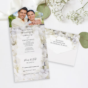 Weiße Hortensien-Blumen Aquarell-Hochzeit All In One Einladung
