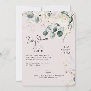 Weiße Hortensien-Eukalyptus-Rosa-Baby-Party Einladung