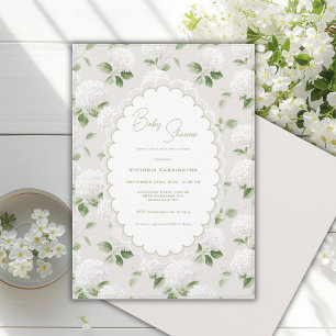 Weiße Hortensien und elegante Babyparty Einladung