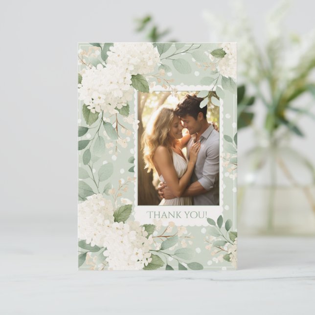 Weiße Hortensien Vintage-Hochzeit Danke (Stehend Vorderseite)