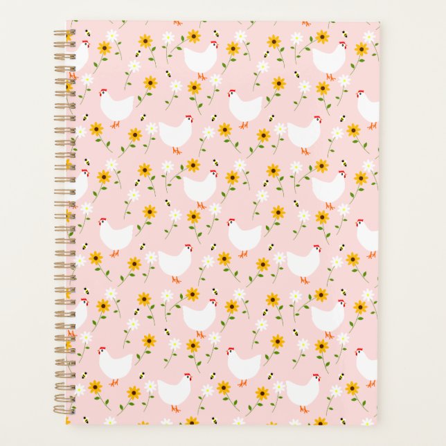 Weiße Hühner mit Blumenmuster auf rosa Planer (Vorderseite)