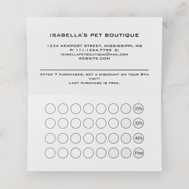 Weiße Hundekuh auf schwarzem Pet Grooming Service Treuekarte (Innenseite Aufgefaltet)