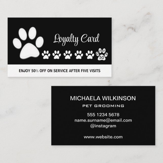 Weiße Hundekuh auf schwarzem Pet Grooming Service Treuekarte (Vorne/Hinten)