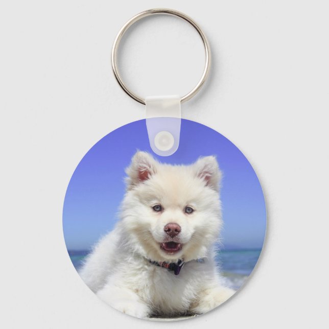 Weiße Husky-Welpe mit blauen Augen Schlüsselanhänger (Vorderseite)