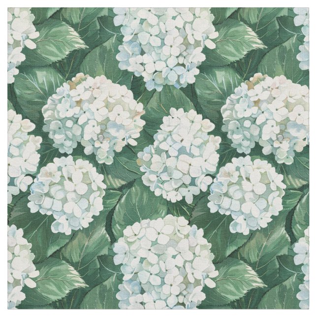 Weiße Hydrangea Grüne Blätter Wasserfarbmuster Stoff (Nahaufnahme)