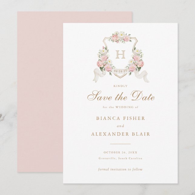 Weiße Hydrangea Grüne Wappen Save the Date Einladung (Vorne/Hinten)