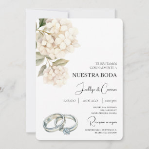 Weiße Hydrangea mit Ringspanischer Hochzeit Einladung