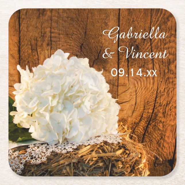 Weiße Hydrangea- und Braunwaldlandhochzeit Rechteckiger Pappuntersetzer (Vorderseite)