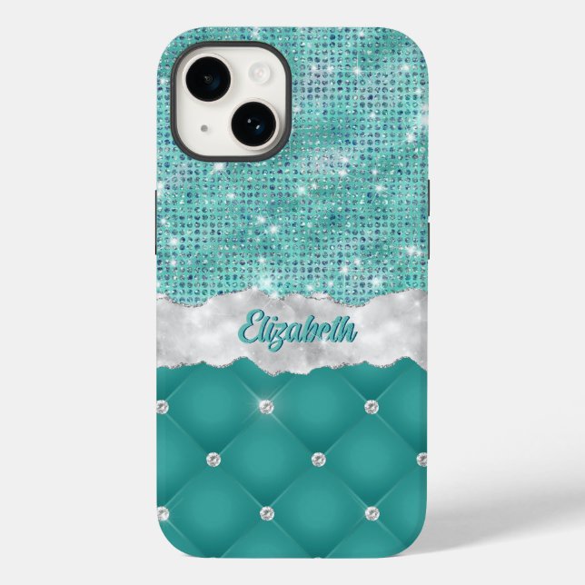 Weiße Imitat Türkisfarben Aquamariner Glitzer Mono Case-Mate iPhone 14 Hülle (Rückseite)