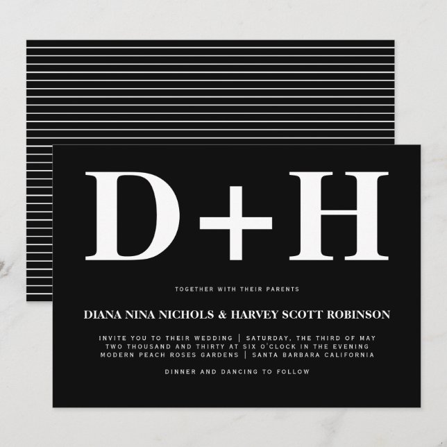 Weiße Initialen fett Typografie schwarze Hochzeit Einladung (Vorne/Hinten)