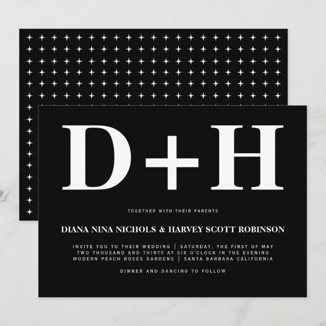 Weiße Initialen fett Typografie schwarze Hochzeit Einladung (Vorne/Hinten)