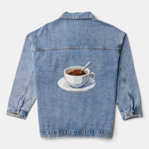 Weiße Kaffeetasse auf einer Untertasse gefüllt mit Jeansjacke
