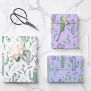 Weiße Kakteen botanisches Muster 3 Farben Geschenkpapier Set