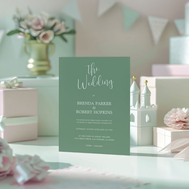 Weiße Kalligraphie auf der Seite Grünen Hochzeitse Einladung (Von Creator hochgeladen)