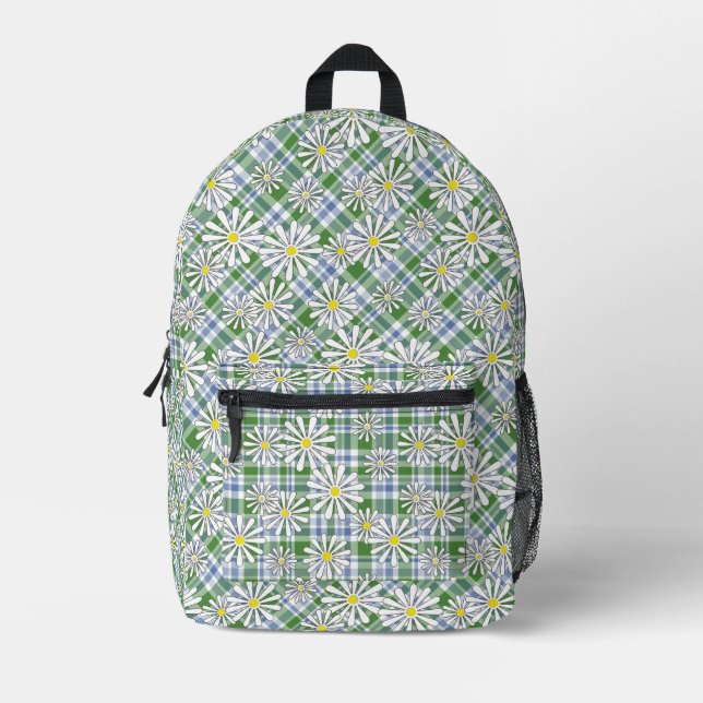 Weiße Kamille Blume auf grünblauem Schachbrett Bedruckter Rucksack (Vorderseite)