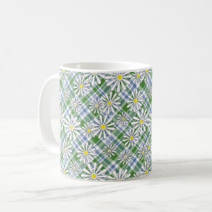 Weiße Kamille Blume auf grünblauem Schachbrett Kaffeetasse