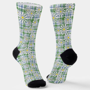 Weiße Kamille Blume auf grünblauem Schachbrett Socken