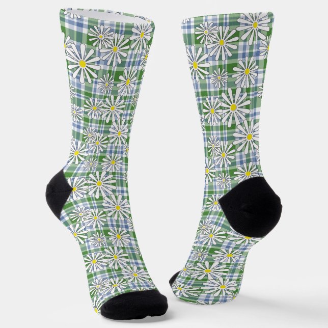 Weiße Kamille Blume auf grünblauem Schachbrett Socken (Gewinkelt)