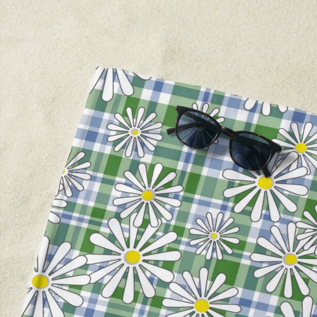 Weiße Kamille Blume auf grünblauem Schachbrett Strandtuch (Beispiel)