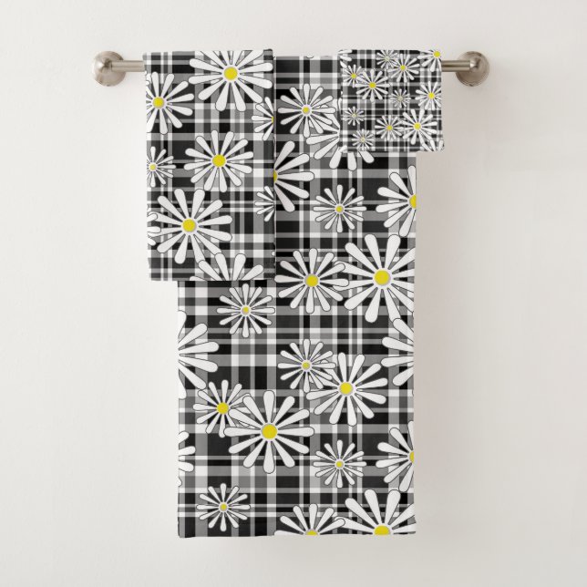 Weiße Kamille Blume auf Schwarz-weißem Schachbrett Badhandtuch Set (Insitu)