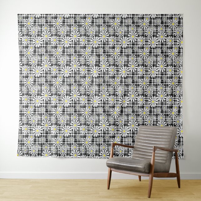 Weiße Kamille Blume auf Schwarz-weißem Schachbrett Wandteppich (Beispiel (Horizontal))